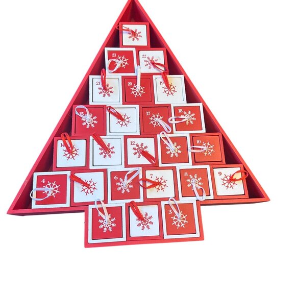 Wooden Tree Advent Calendar Red & White Snowflake Drawers For Holiday Countdown - Picture 1 of 5